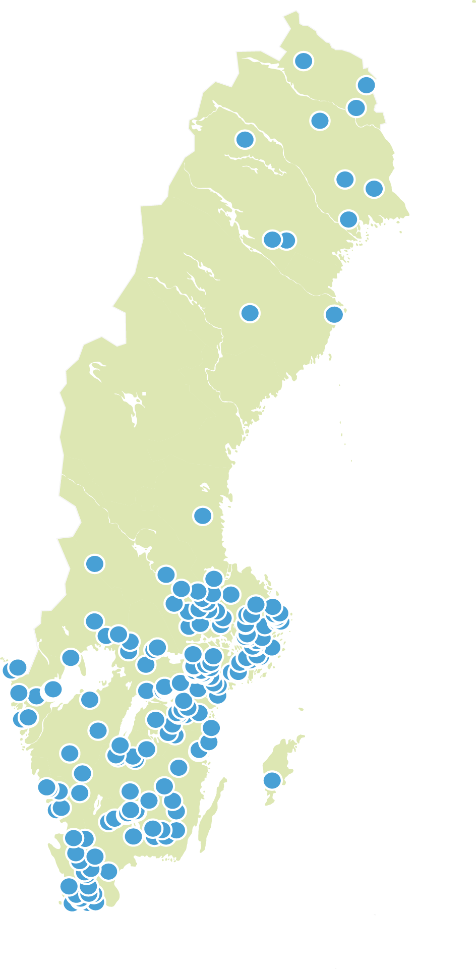 Karta som visar hur övergödda sjöar är fördelade i Sverige