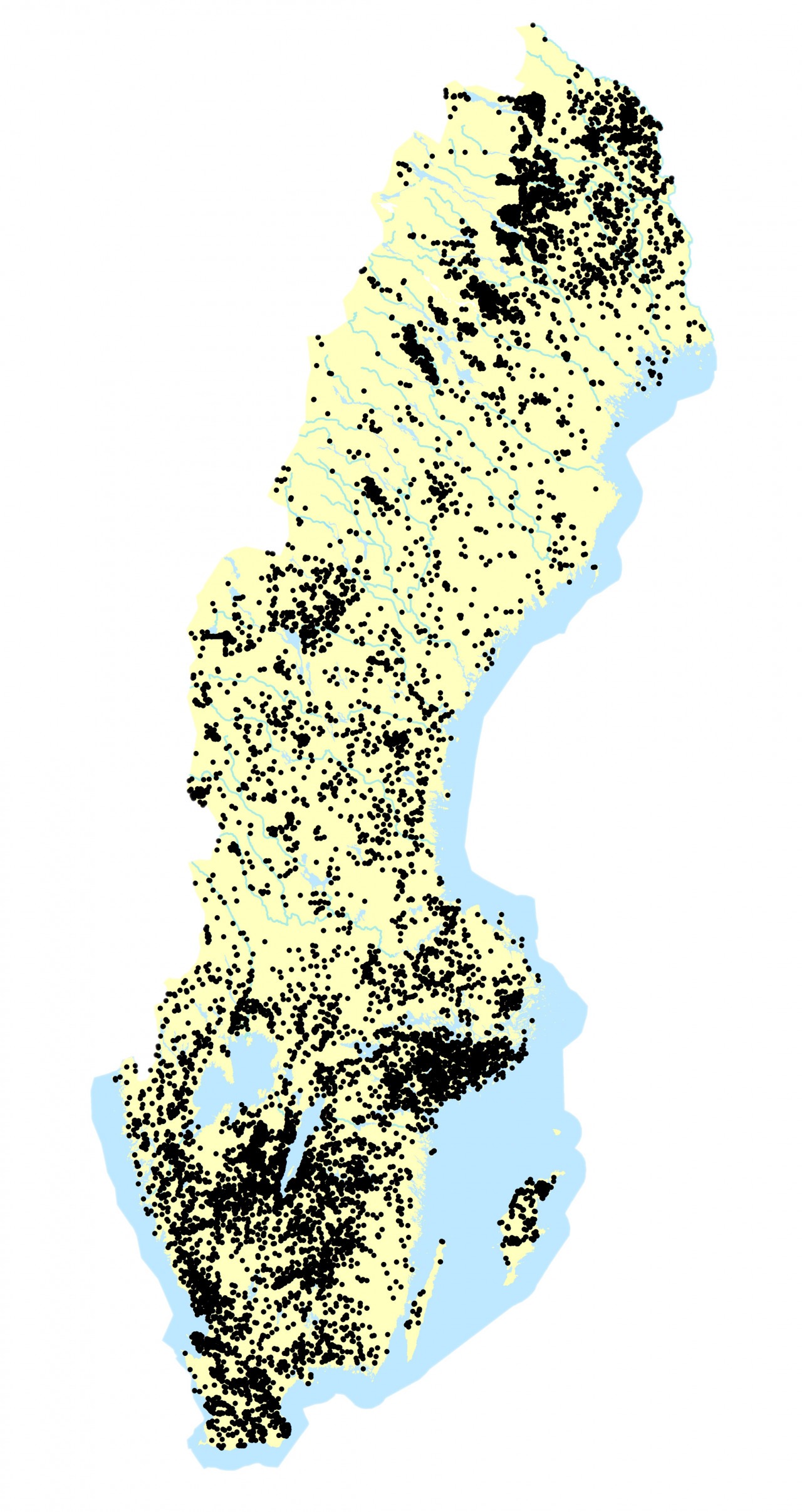 Sverige karta med påträffade källmiljöer.